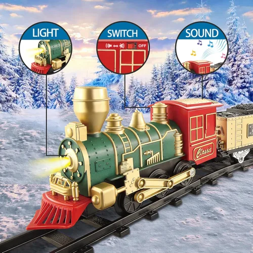 Miniatura 3 de JQ JUQU Juego de tren eléctrico para niños de 3 a 8 años, tren de juguete a pilas con luces y sonidos, 3 autos y 10 pistas para Navidad y juego