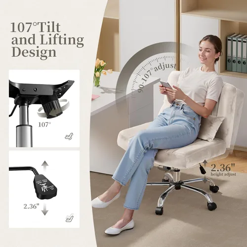 Miniatura 5 de Silla de oficina de terciopelo, silla cruzada de lujo con ruedas, cómoda silla de escritorio con patas cruzadas para oficina en casa, silla de Beige