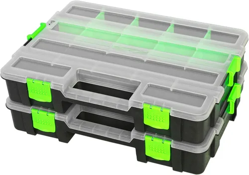 Jack Boss Caja de herramientas con tapa transparente, caja organizadora de 17 compartimentos de un solo lado con divisores extraíbles para herrajes,