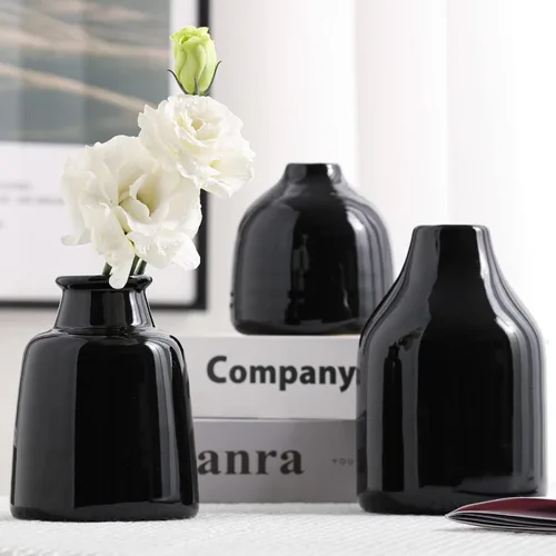 Juego de 3 jarrones negros pequeños para decoración moderna del hogar, jarrones de cerámica para centros de mesa, jarrones de flores para sala de