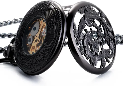 Miniatura 7 de ManChDa Antique Mechanical Pocket Watches for Men Lucky Dragon Phoenix Pocket Watch with Chain Skeleton Dial Roman Numerals Gifts for Fathers Day