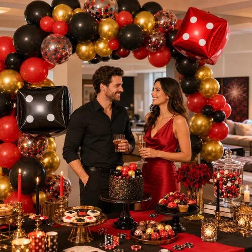 Miniatura 7 de Globos de Casino, Globos Metálicos Negros Rojos Dorados de 12 Pulgadas con Confeti y Dados de Lámina para Decoración de Fiesta Temática de Juego