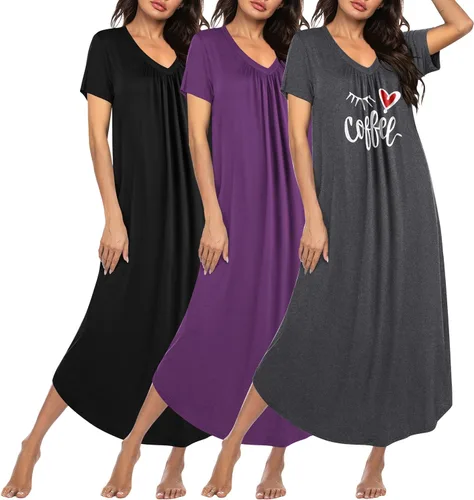 Miniatura 16 de Ekouaer Paquete de 3 camisones largos para mujer, talla grande, vestido de casa de manga corta, cuello en V, camisón casual, M-5XL