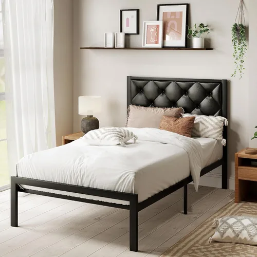 MUTICOR Elegante marco de cama tamaño individual con cabecera tapizada de piel sintética con botones, listones de metal resistentes, almacenamiento