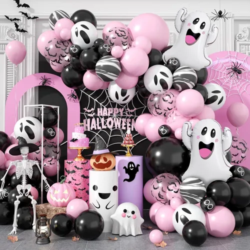 Kit de guirnalda de arco de globos de Halloween, globos negros y rosados, globos de murciélago de aluminio fantasma para la familia, fondo de fiesta