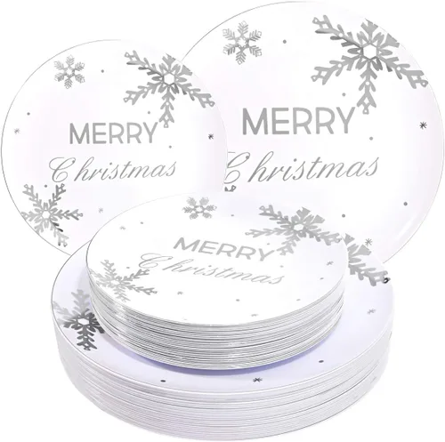 Miniatura 17 de WDF 50 platos de plástico plateados, platos de plástico de Navidad con árbol de Navidad, platos desechables blancos y plateados resistentes