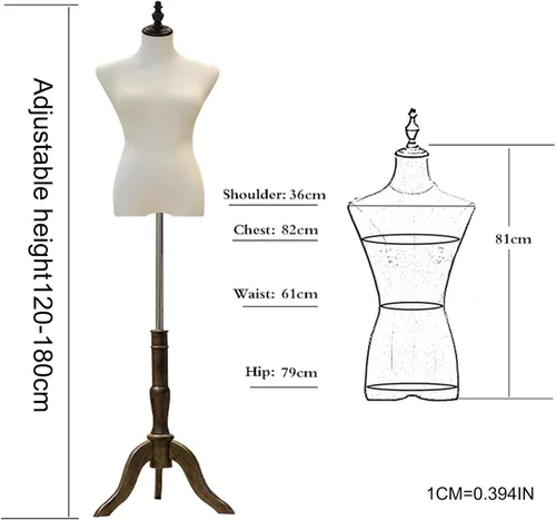 Miniatura 7 de Forma de vestido femenino, maniquí con trípode de madera, cuerpo de torso de altura ajustable, maniquí de ventana de tienda para exhibición y costura