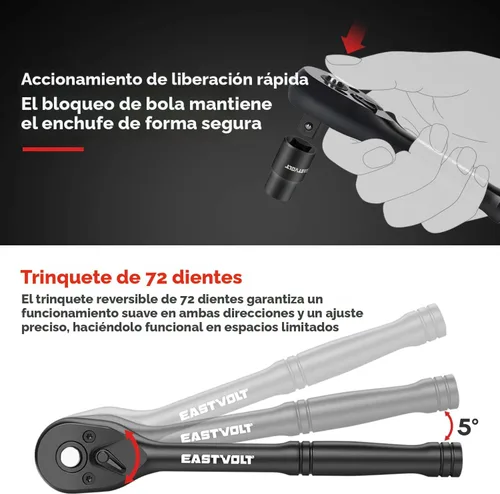 Miniatura 4 de Eastvolt Juego de llaves de trinquete de 46 piezas, kits de herramientas mecánicas con trinquete reversible de 72 dientes, juego de barra