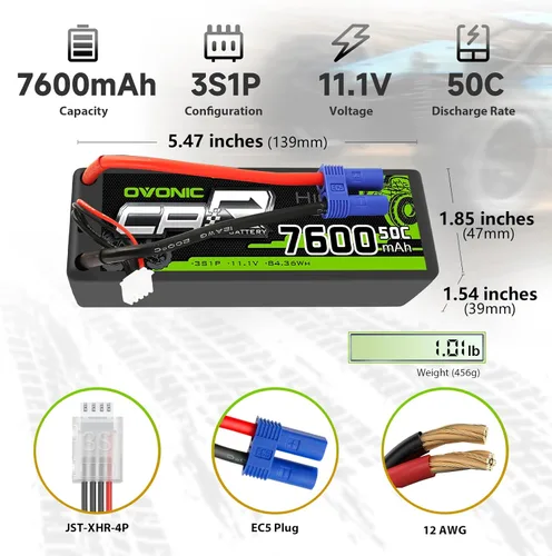 Miniatura 2 de OVONIC 3s Lipo Batería 11.1V 7600mAh 50C (Máx100C) RC Lipo Baterías Caso rígido EC5 Plug Compatible con Vehículos a Escala 1/8 1/10 RC Coche