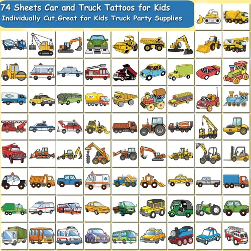 Miniatura 2 de CHARLENT Tatuajes temporales para automóviles y camiones para fiestas infantiles, 74 hojas individuales, para construcción de automóviles