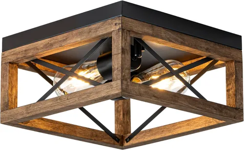 Miniatura 11 de MAYNA Lámpara de techo de granja, lámpara de techo rústica de 2 luces con montaje empotrado de metal y madera, accesorios de iluminación de pasillo