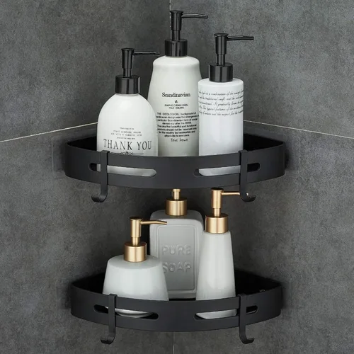 Estante de esquina adhesivo para baño, organizador de ducha para cocina, inodoro, sin perforaciones, 2 niveles, estantes esquineros de baño,