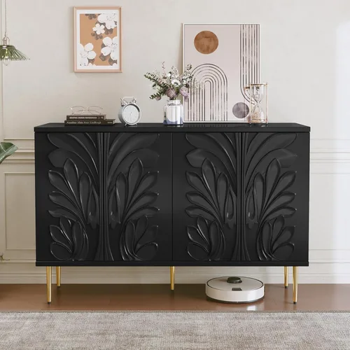 Aparador Buffet Gabinete con patrón de flores 3D, armario decorativo con 4 puertas y estantes ajustables, credenza decorativa de madera con