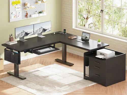 Miniatura 8 de SEDETA Escritorio eléctrico de pie en forma de L con archivador, 63 x 53 pulgadas, escritorio de computadora de oficina en casa ajustable con Negro