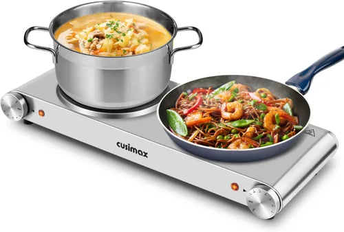 Miniatura 9 de Placa de cocción, Cusimax - Quemador doble de 1800 W, placa de calentamiento de hierro fundido, estufa eléctrica con control de temperatura Plateado
