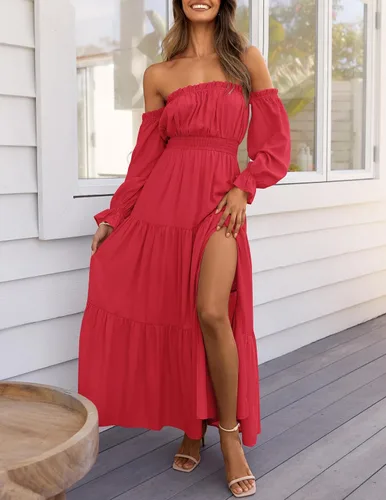 Miniatura 27 de ZESICA - Vestido largo, bohemio y sexy, con hombros descubiertos y manga larga fruncida, con elástico fruncido, cintura alta y abertura lateral