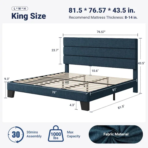 Miniatura 2 de Allewie - Base de cama tamaño King con cabecera tapizada en tela y soporte de listones de madera; base de colchón completamente tapizada; no Azul