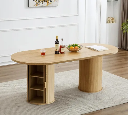 Miniatura 7 de Mesa de comedor redonda extensible con base de almacenamiento, mesa de comedor expandible natural de 63 a 94 pulgadas para 10 personas, mesa