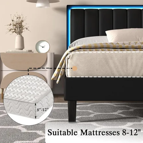 Miniatura 3 de IMMERSTABLE Marco de cama tamaño completo, marco de cama tapizado con luces LED, cama de plataforma con cabecero, soporte de listones de madera