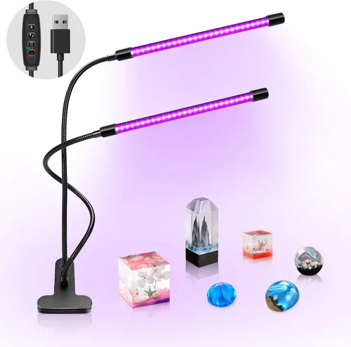 inShareplus Luz UV LED de doble cabezal con USB, 395 nm-405 nm, luz UV regulable con clip, brilla en la oscuridad, lámpara negra de 20 W para Long