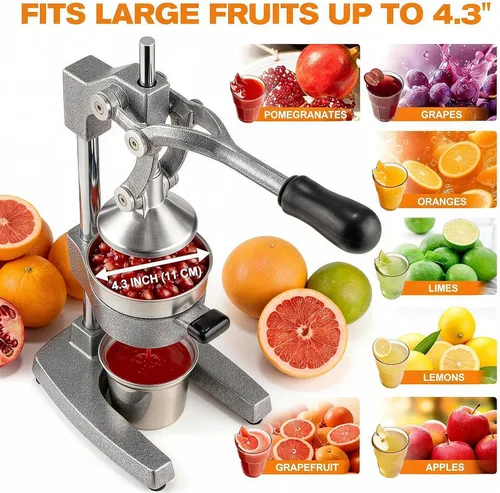 Miniatura 5 de Exprimidor de cítricos de hierro fundido – Prensa manual de naranja resistente de 13.8 libras, taza y colador de acero inoxidable 304, exprimidor