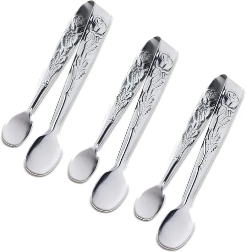 Miniatura 8 de 3 piezas de mini pinzas para servir, pinzas de 10 cm de acero inoxidable color rosa para cubitos de azúcar, pinzas pequeñas plateadas para hielo
