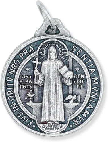 Miniatura 5 de Caritas et Fides Paquete de 10 colgantes de medalla de San Benito 34 pulgadas redondas de plata oxidadas de San Benito para collar medallas