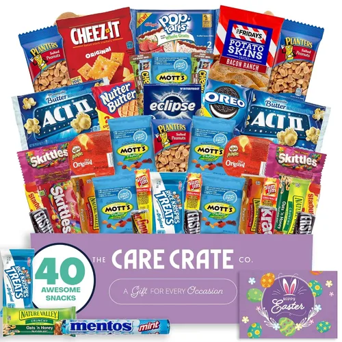 Caja de aperitivos de Pascua (paquete de 40 unidades de cesta de regalo variada) cacahuetes, dulces, papas fritas, barras de granola y más - The
