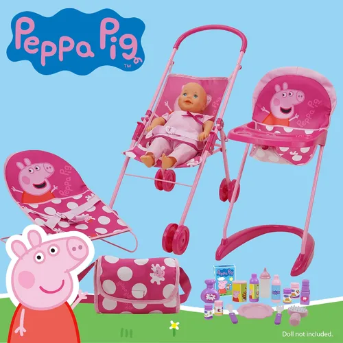 Miniatura 5 de Peppa Pig: Juego de 19 piezas para muñecas Sleep N' Play, color rosa y blanco, para viajes, alimentación, incluye medio cochecito plegable, gorila