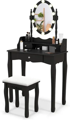 GOFLAME Juego de mesa de tocador con espejo giratorio, escritorio de maquillaje con luces LED regulables de 3 colores, 3 cajones y taburete