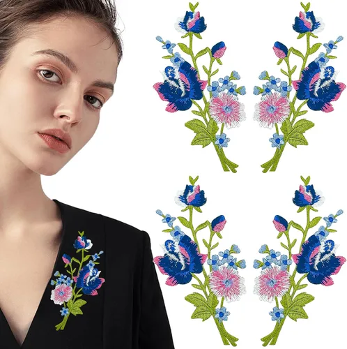 4 piezas de flores de rosas bordadas con hojas florales para planchar, ramo de parches de bordado bohemio decorativo, parches de costura para bolsas