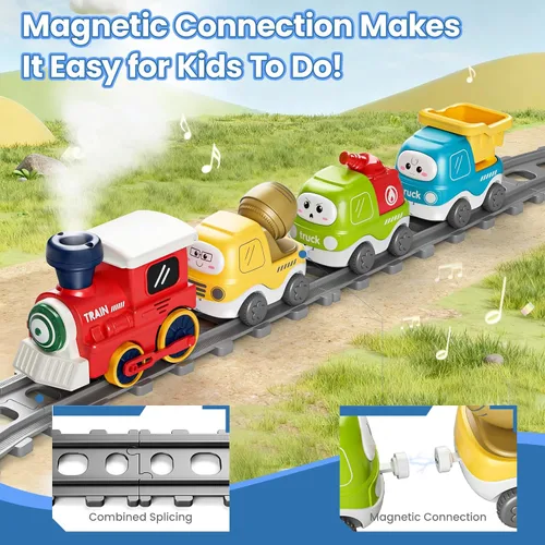 Miniatura 4 de Juego de tren eléctrico para niños pequeños con sonido y luces, juguetes de tren de conexión magnética con pistas y señales de tráfico, regalo