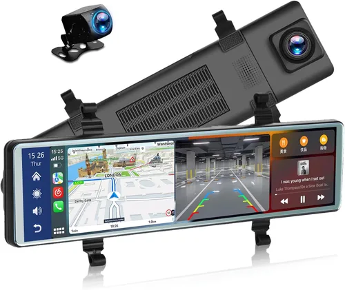 Miniatura 10 de Cámara de espejo retrovisor con Carplay y Android Auto, 9.66 pulgadas 1080P espejo Dash Cam frontal y trasera con control de voz