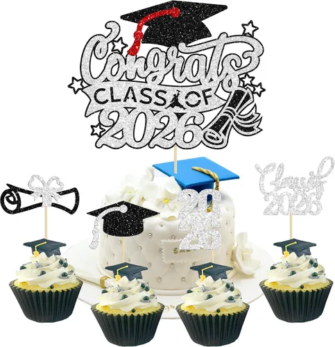 Miniatura 39 de Gyufise 24 piezas de decoración para cupcakes con purpurina para graduación 2026, decoración de pasteles para graduación 2026, decoración de Negro