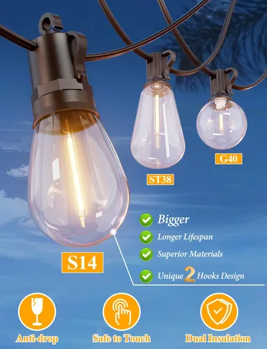 Miniatura 2 de Brightever Guirnalda de luces para exteriores de 25 pies impermeable, luces LED para patio con 8+1 bombillas Edison S14 inastillables, luces