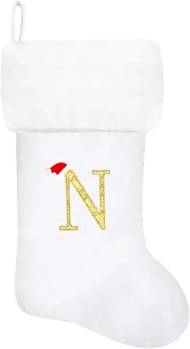 Miniatura 126 de Calcetines de Navidad bordados de 20 pulgadas con monograma, terciopelo negro con puño de felpa blanca supersuave, adornos clásicos para decoración