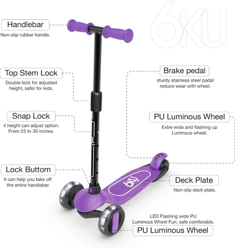 Miniatura 3 de 6KU - Patinete para niños de 3 a 10 años con ruedas flash, scooter infantil de 4 alturas ajustables, ruedas LED de poliuretano extra anchas, scooter