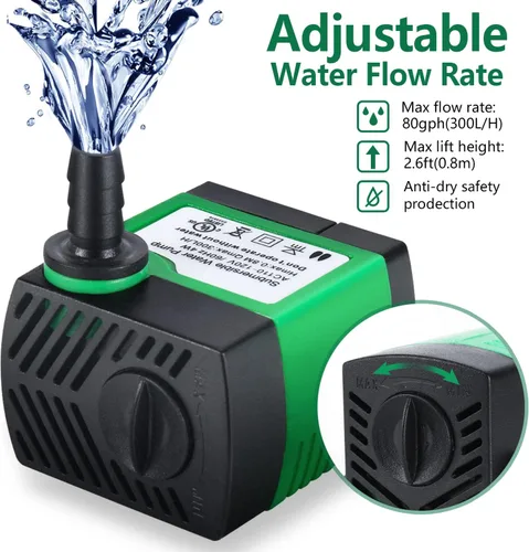 Miniatura 5 de CWKJ Paquete de 2 bombas de agua sumergibles de 80 GPH (4 W 300 L/H) con tubo de 4.9 pies (1/3 pulgadas de ID), 3 boquillas para acuario, estanque