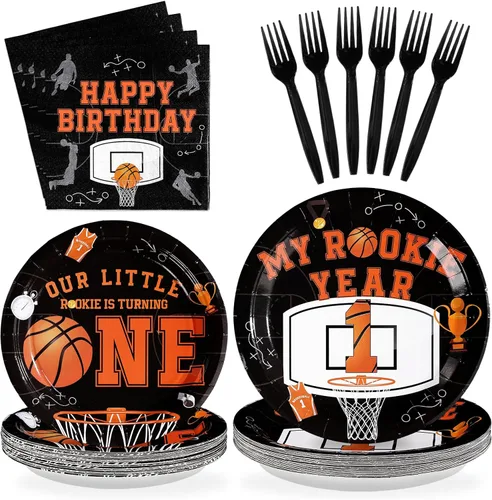 Miniatura 20 de 96 piezas de suministros para fiesta de cumpleaños de 10 años, platos y servilletas desechables de baloncesto y deportes, juego de vajilla