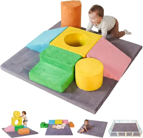 Bloques de escalada de espuma para niños pequeños con tapete de juego para gatear de 47 x 47 pulgadas, juego suave de 7 piezas para bebés, juguetes