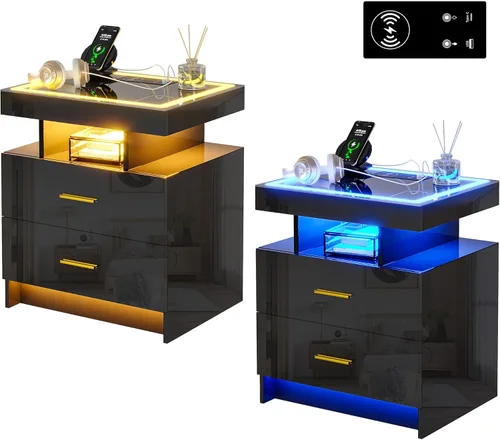 Miniatura 11 de HNEBC Mesita de noche LED con estación de carga, mesita de noche inteligente con luces de sensor de movimiento, 3 cajones, parte superior de vidrio