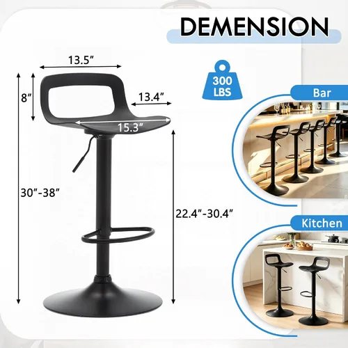 Miniatura 2 de LSSPAID Juego de 4 taburetes de bar giratorios de 360° de altura ajustable con respaldo y reposapiés, sillas de bar modernas de altura de mostrador