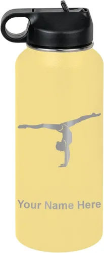 Miniatura 56 de LaserGram Botella de agua personalizada, gimnasta niña, acero inoxidable de doble pared aislada al vacío con popote superior, regalo grabado Azul