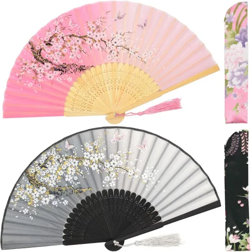 Miniatura 8 de OMyTea Abanicos de mano plegables para mujer, abanicos chinos japoneses de seda de bambú vintage, para sofocos, EDM, festival de música, fiesta