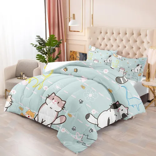 Miniatura 2 de Juego de ropa de cama de tamaño individual, edredón de gatos de dibujos animados para niñas, niños y adolescentes, juego de edredón azul