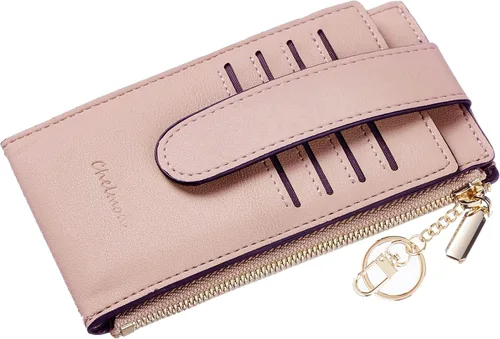 Miniatura 7 de Chelmon Billetera delgada con bloqueo RFID para mujer, con bolsillo con cremallera, Rosa Champán, Minimalista