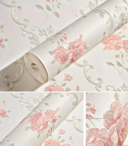Miniatura 2 de Papel tapiz vintage en relieve 3D con diseño floral para despegar y pegar, rosa rosado, papel de pared de flores, pegar y despegar, papel