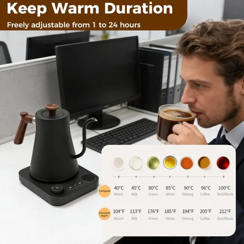 Miniatura 4 de Hervidor eléctrico de cuello de cisne con olla de vertido con LED y control preciso de temperatura de 1 °F, mantiene el calor, hervidor de agua