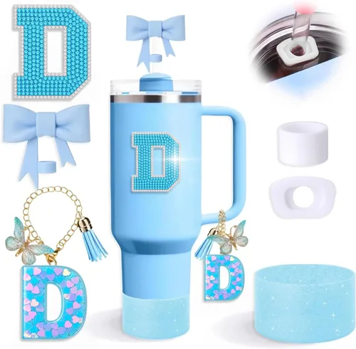Miniatura 10 de Juego de 6 accesorios de copa Stanley color azul, adorno de pajilla con lazo para copa Stanley de 30 onzas, 40 onzas, incluye adorno de popote