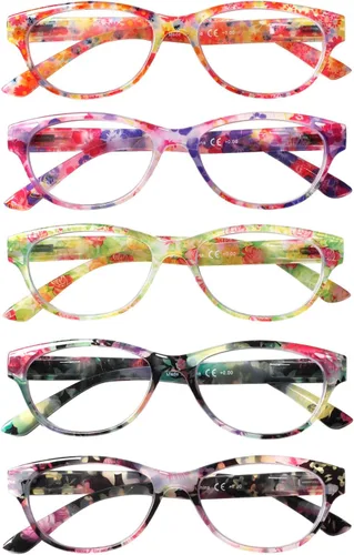 Miniatura 10 de SIGVAN Gafas de Lectura de Ojo de Gato para Damas 5 Pares con Bloqueo de Luz Azul Bisagra de Resorte Estampado de Patrón de Moda Lectores